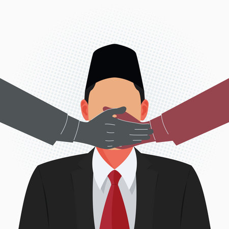 Illustration of a faceless man wearing formal attire and a traditional cap being silenced by hands covering his mouthのイラスト素材
