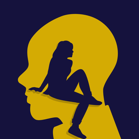 Vector illustration showing a silhouette of a woman sitting inside the outline of a human headのイラスト素材