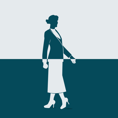 Minimalistic vector illustration of a woman walking, shown in a split two-tone style that creates a mirrored or directional contrast effectのイラスト素材