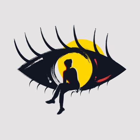 Modern abstract illustration featuring a silhouette figure inside a bold brushstroke eye with a vibrant yellow backgroundのイラスト素材