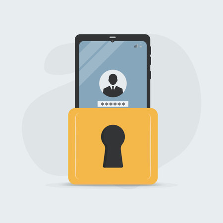 A modern flat vector illustration of a smart phone displaying a log in screen with a user profile icon and password field, secured by a large yellow padlock in front of itのイラスト素材