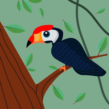 Colorful vector illustration of a rhinoceros horn bill perched on a tree branch in a lush forest environmentのイラスト素材