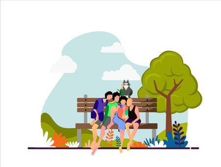 Young man playing a gadget in the public park with his friends flat illustrationのイラスト素材