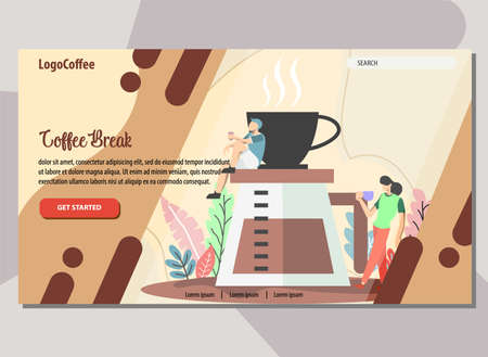 Coffee landing page with the couple is relaxing with a cup of coffee vector flat illustratedのイラスト素材