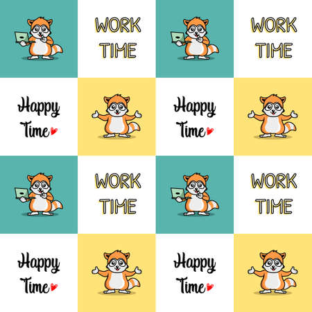 Seamless pattern with cute raccoon work time, happy time vector illustrationのイラスト素材