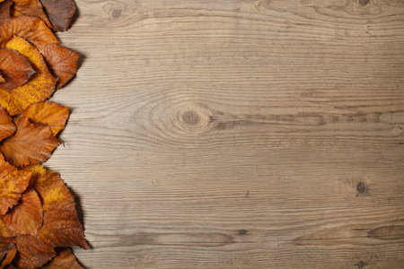 Autumn Leaves frame over wooden background