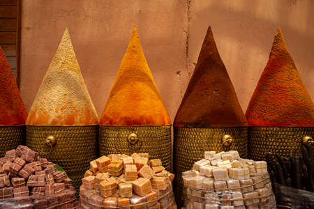 Spices at a traditional Moroccan market in Marrakech, Moroccoの写真素材