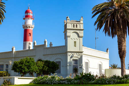 Swakopmund Lighthouse - old beacon on the coast of Atlantic Ocean, Namibia.Africaの写真素材