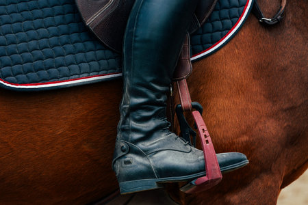 In the stirrup is the foot of a rider in a black boot. Equestrian sports. horse riding.