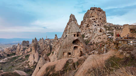 View of the city and Ortahisar castle, old houses in the rocks. cappadocia. province of Nevsehir. Turkeyのeditorial素材