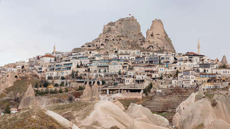 View of the city and Ortahisar castle, old houses in the rocks. cappadocia. province of Nevsehir. Turkeyのeditorial素材