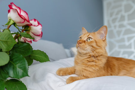 A ginger kitten lies on the bed and looks at a bouquet of red roses.の写真素材