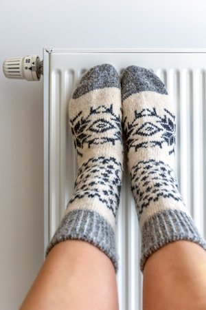 A woman warms her legs in knitted warm socks on a heating radiatorの写真素材