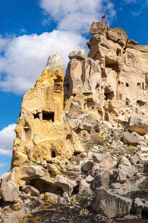 Ancient carved rock dwellings in Cappadocia. Turkeyの写真素材