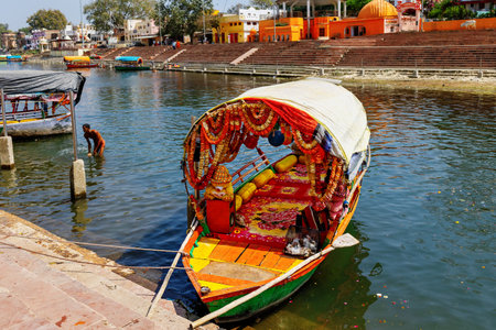 Chitrakoot. India .Decorated boat moored near the ghatの写真素材