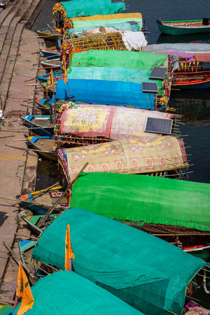 Row of Indian traditional boats. top view.の写真素材