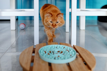The cat goes to a bowl of dry food.の写真素材
