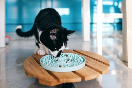 Cat eats dry food from a plateの写真素材