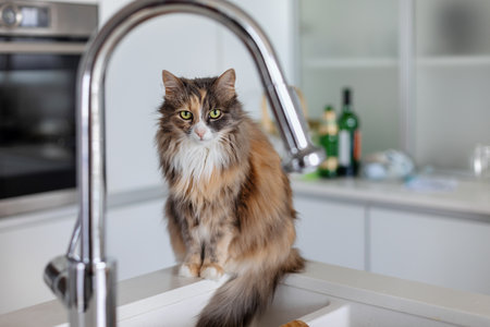 The cat sits on the kitchen sink in the kitchenの写真素材