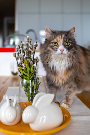The cat is standing on the table in front of a plate of Easter bunniesの写真素材