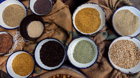 Variety of spices in Indian market. spice backgroundの写真素材