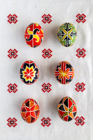 Easter eggs on an embroidered tablecloth. Easter background, postcardの写真素材