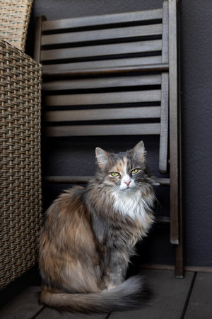 The cat sits near a dark wall.Portrait of a catの写真素材