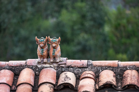 Ceramic bulls on the roof of a house .Peruの写真素材