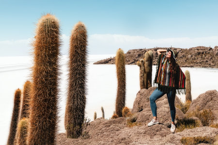 A girl in a poncho and hat stands on a stone among large cacti. Incauasi Island, Salar de Uyuni. Boliviaの写真素材