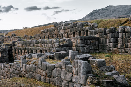 A Saqsaywaman Inca archaeological site with large stone walls in Cusco, Peruの写真素材