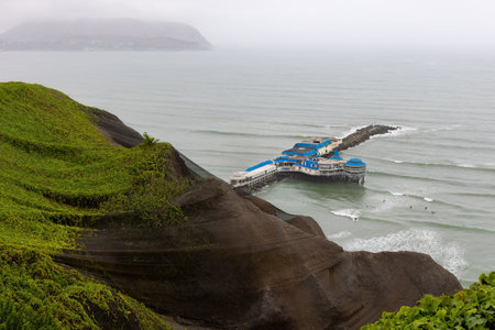 Blue Pier with a restaurant on the Pacific coast of Lima. Peruの写真素材