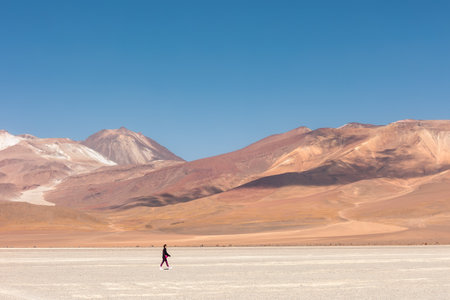 A tourist walks in the desert of Salvador Dali. Boliviaの写真素材