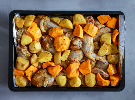 Chicken wings, chicken legs with potatoes and pumpkin on a baking sheet.の写真素材