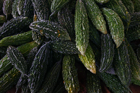 lots of green fresh bitter gourd karela for sale in vegetable marketの写真素材