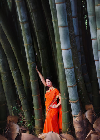 Beautiful woman in orange sari on bamboo background.の写真素材