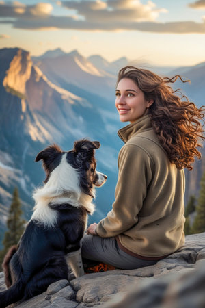Beautiful young woman with dog in Yosemite National Park, California, USAの素材