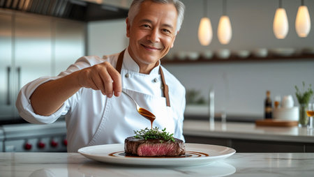 Chef preparing a delicious gourmet steak with precision and careの素材