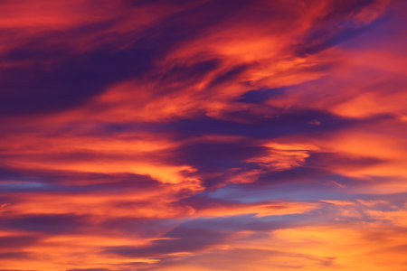 Fiery sunset over the horizon. Soft focusの写真素材