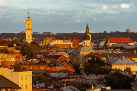 Panoramic view of Lviv at sunset, Lvivの写真素材
