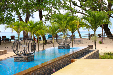 Luxury resort pool with palm trees and ocean viewの写真素材