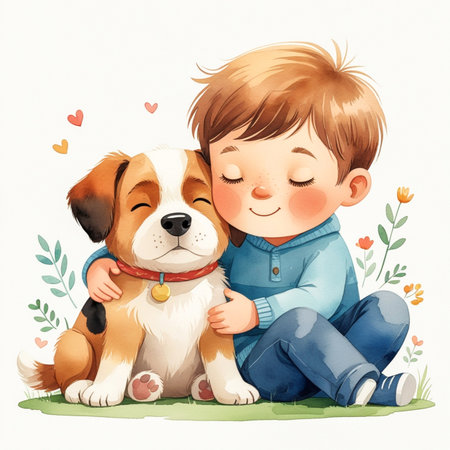 Boy hugs dog. Touching friendship. Illustrationの素材