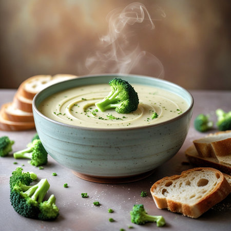 Creamy Broccoli Soup with Bread, Close Upの素材