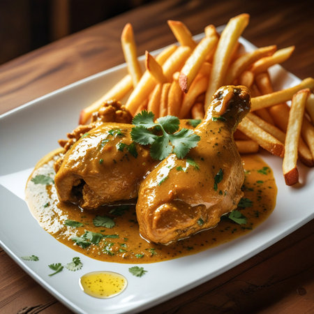 Chicken Drumsticks with Curry Sauce and French Friesの素材