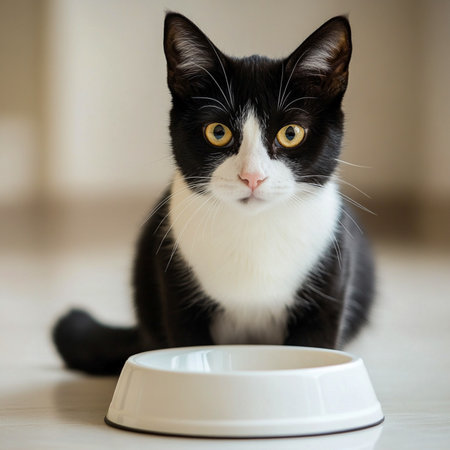 Interesting black and white cat near a white bowl of foodの写真素材