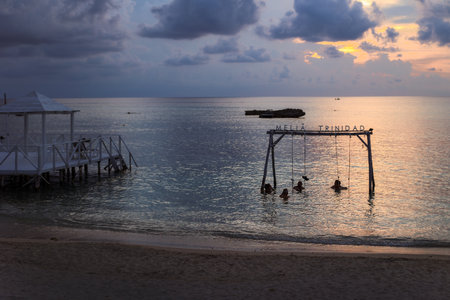 Serene Tropical Sunset with Ocean Swingsの写真素材