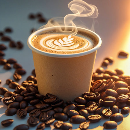 Steaming Latte Art in a Paper Cup with Roasted Coffee Beansの素材