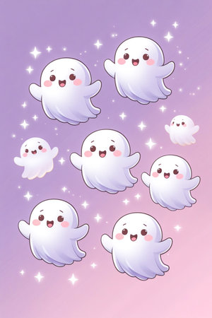 Charming kawaii ghosts with sparkles on gradient backgroundの素材