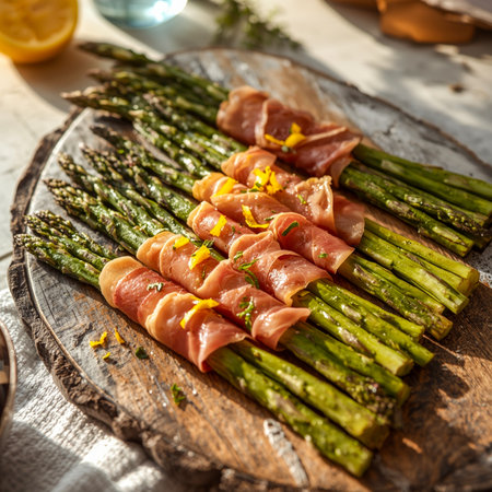 Baked asparagus stalks wrapped in thin slices of crispy prosciuttoの素材