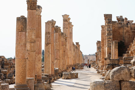 Path Lined with Ancient Roman Columns in Historic Ruinsの写真素材