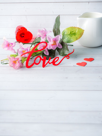 Decorations Valentines Day Flowers Love Red Heart White background Copy Space.の写真素材